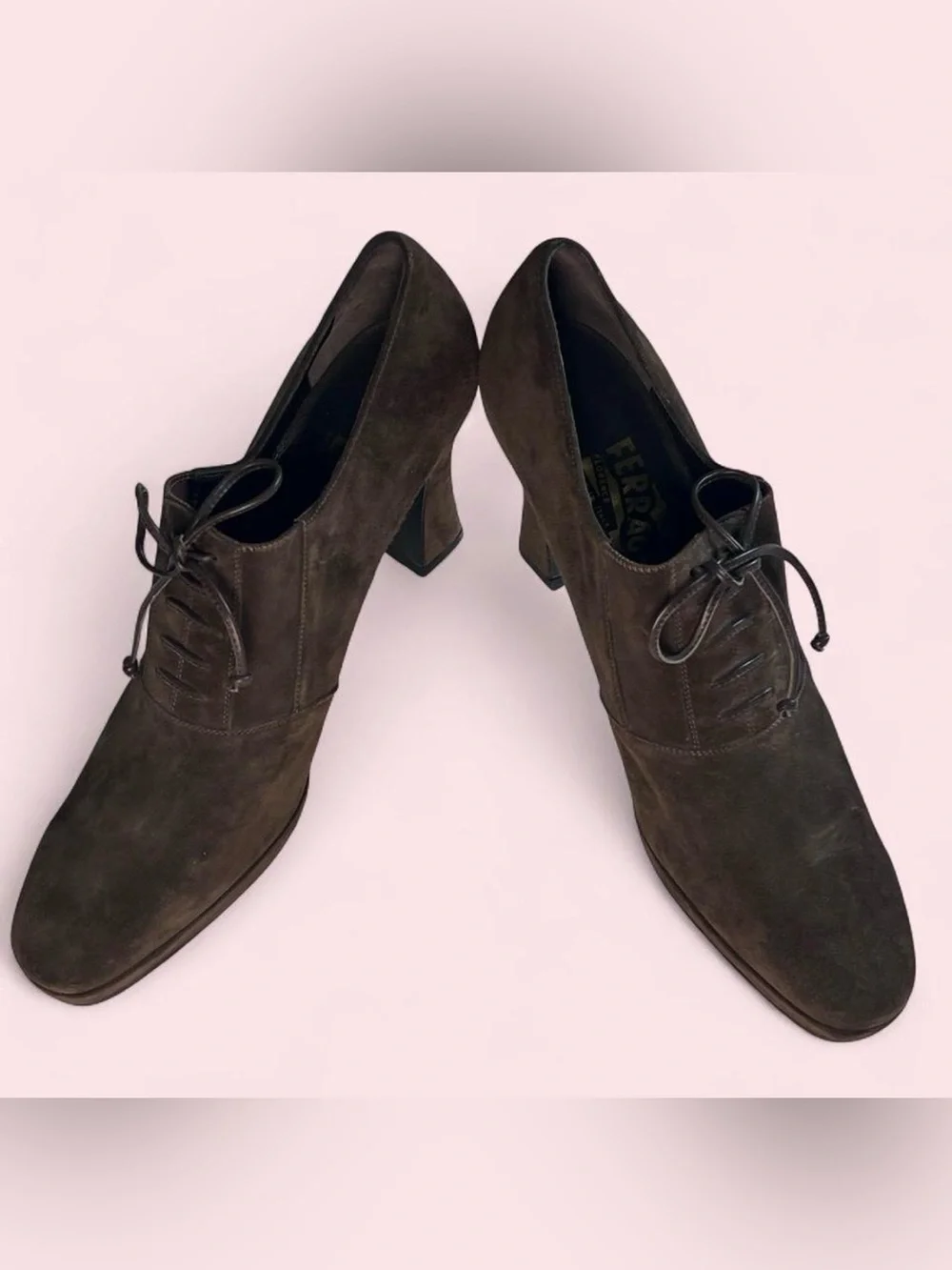 Vintage Ferragamo brown suede lace up platform heels 8.5 NARROW